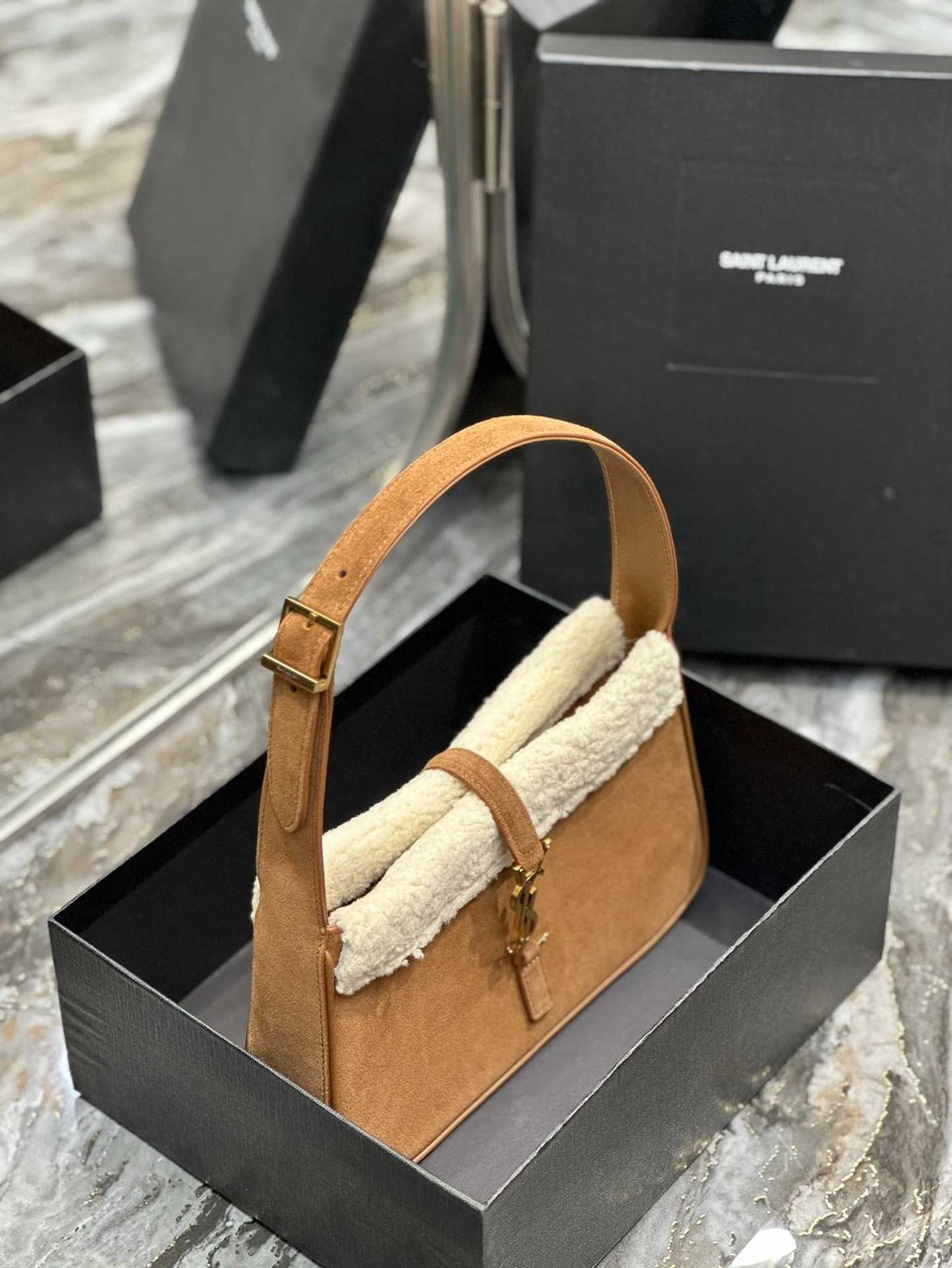 Saint Laurent Le 5 A 7 Hobo Bag In Suede And Shearling view 5