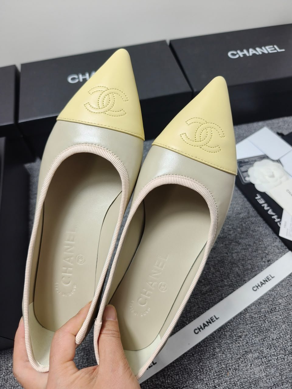 Chanel Ballet Flats In Iridescent Lambskin Light Khaki And Yellow view 7