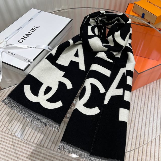 Chanel Cashmere Scarf Graphic Black For Women 190cm