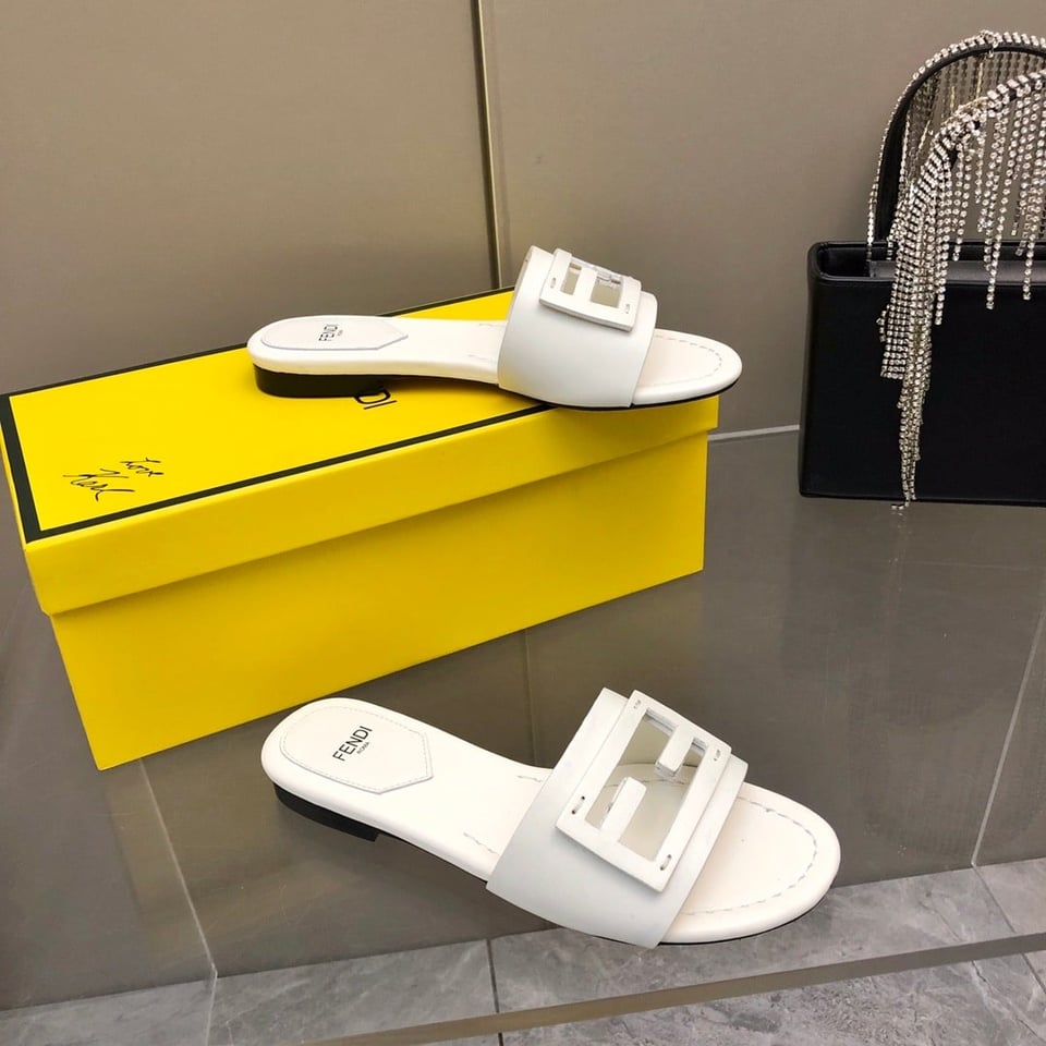 Fendi Baguette White Leather Slides view 5