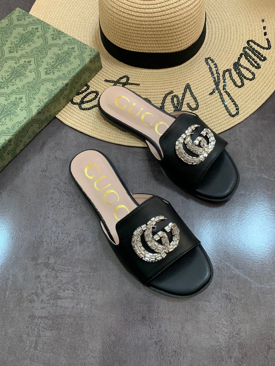 Gucci Double G Slippers Leather Beaded In Black view 6