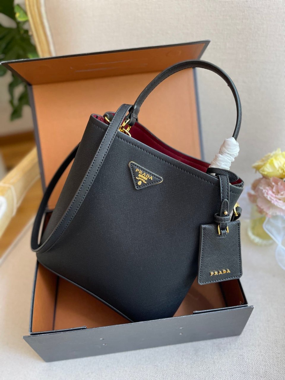 Prada Medium Saffiano Leather Panier Bag Black view 8
