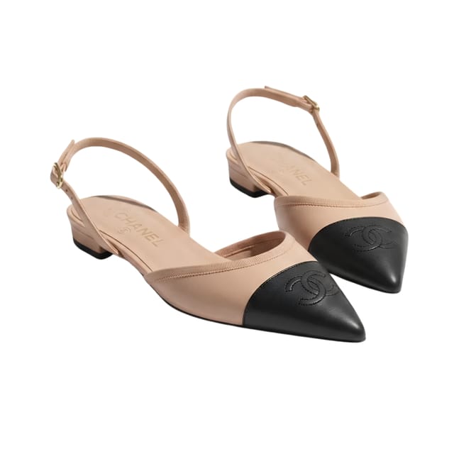 Chanel Pointed-Toe Slingbacks Beige &amp; Black Lambskin Grosgrain G39828