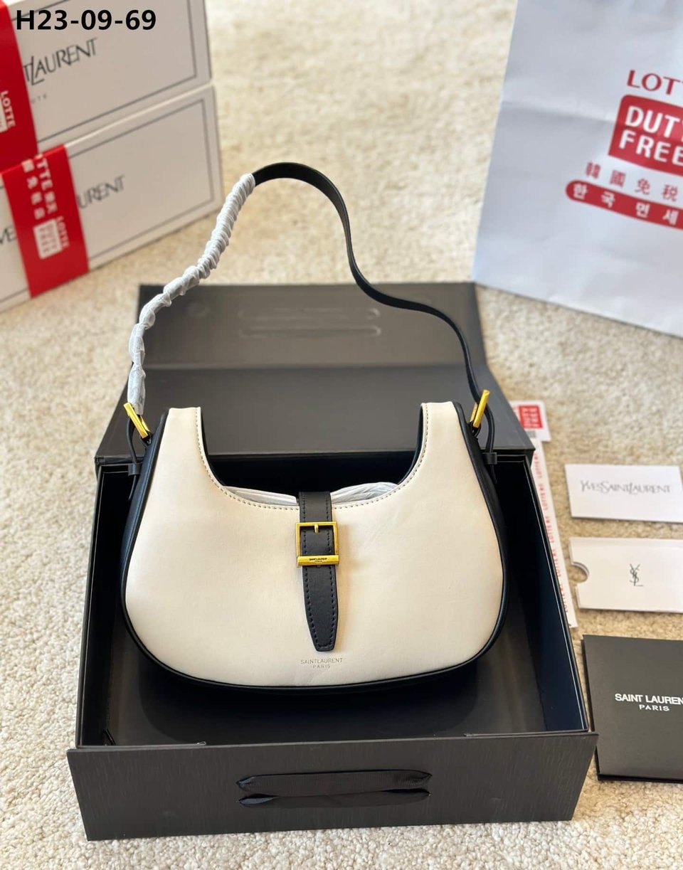 Saint Laurent Le Fermoire Leather Shoulder Bag Black White 25Cm view 3