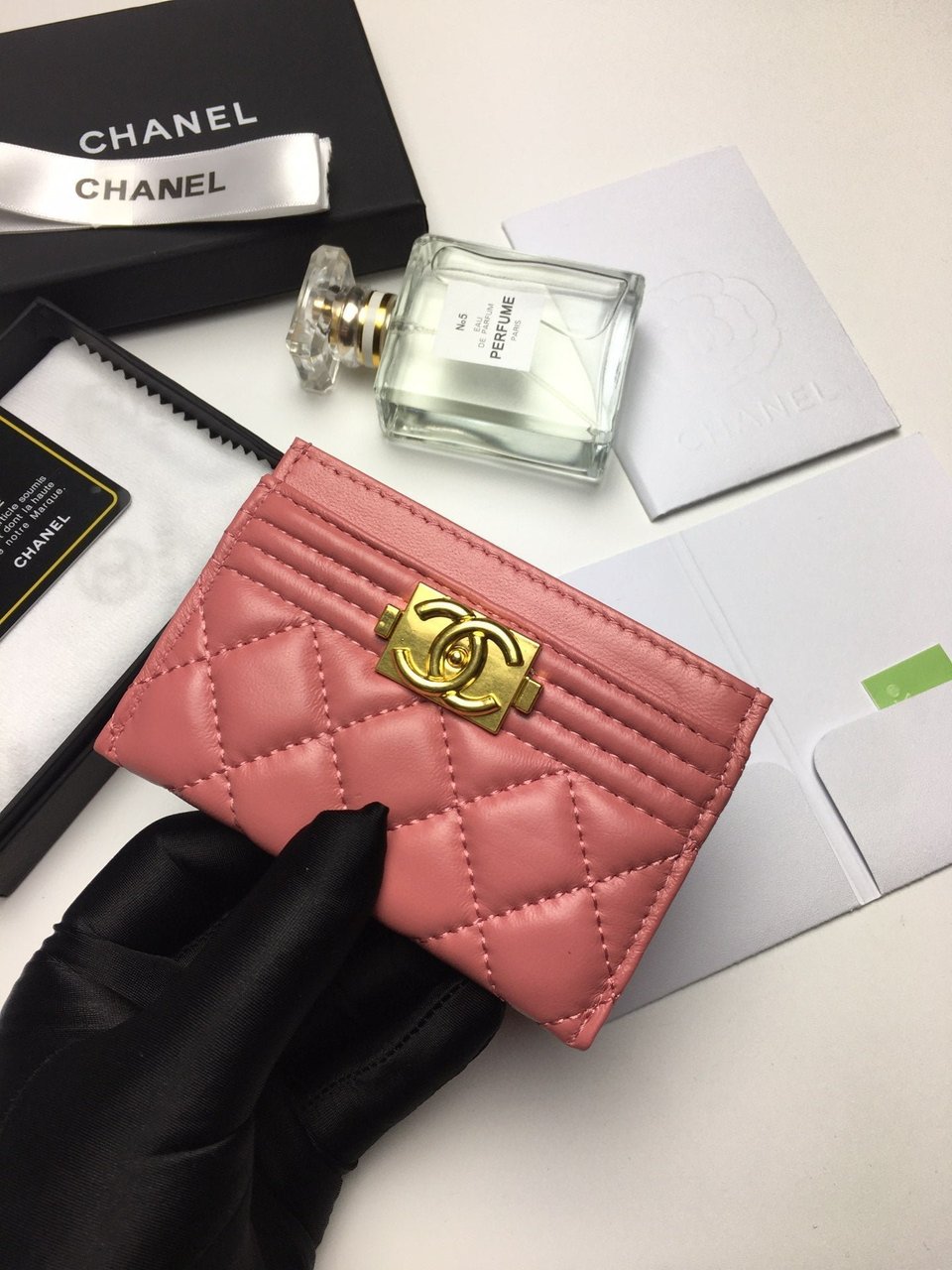 Chanel Boy Card Holder 11.2 Coral Calfskin Gold Icon view 3