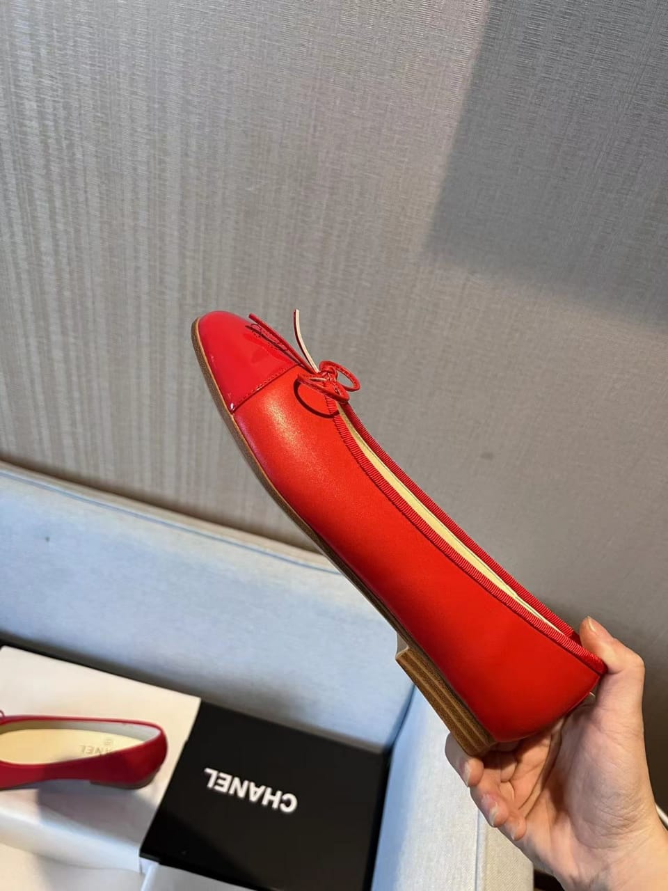 Chanel Cc Cap Toe Ballet Flats In Light Red Patent Leather view 7
