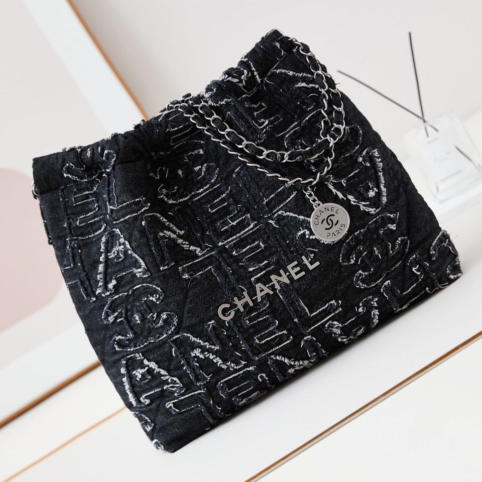 24A Chanel 22 Hobo Bag Black Denim Silver Hardware