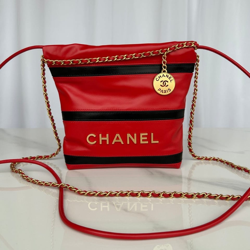 Chanel 22 Hobo Red Black Calfskin Gold Hardware