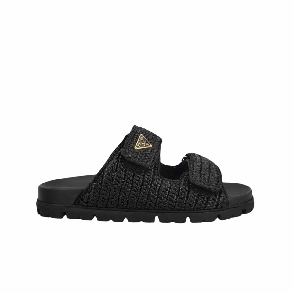 Prada Fussbett Raffia Dual Buckle Slide Sandals Black view 2