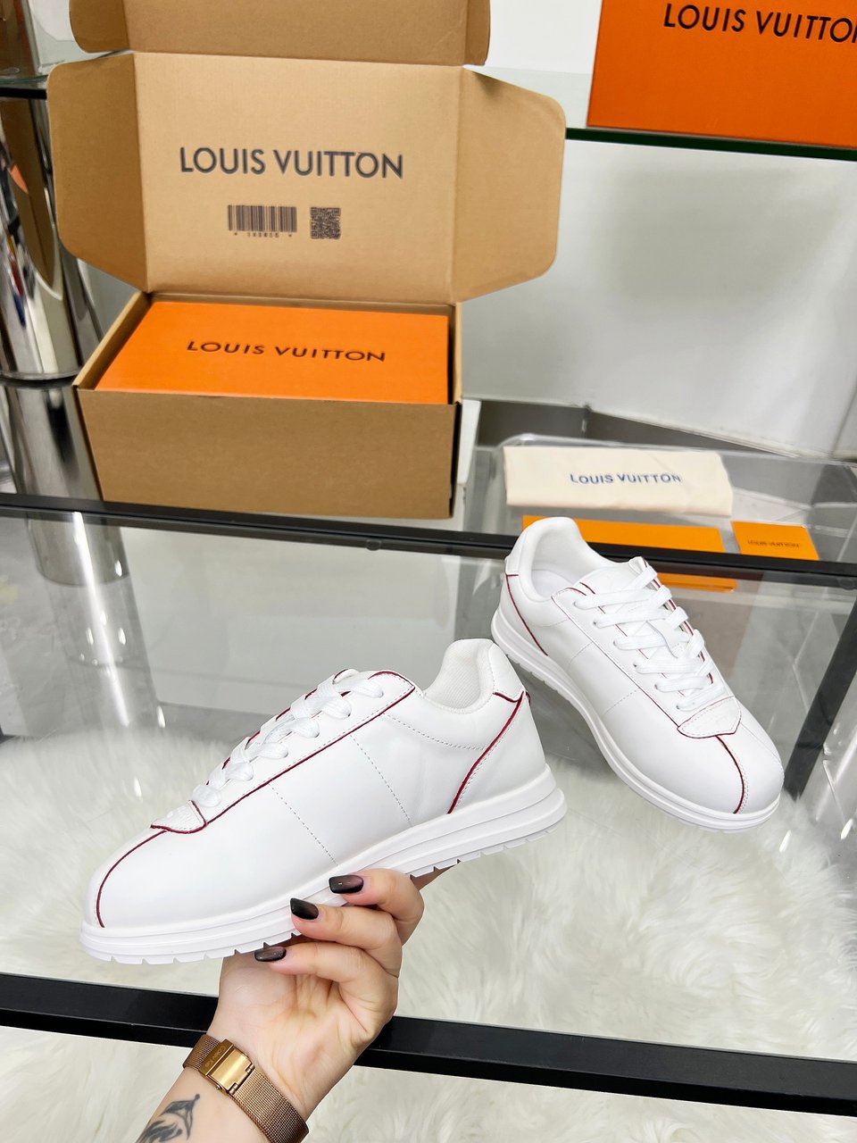 Louis Vuitton LV White Sneakers with Red Stitching – Women’s Shoes view 5