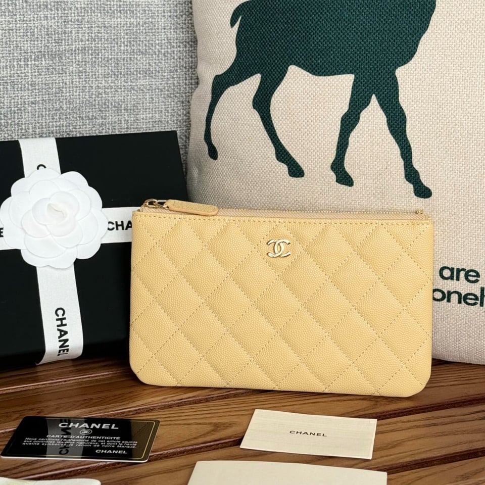 Chanel Zipped Wallet 20Cm Light Yellow Quilted Caviar Gold Hardware