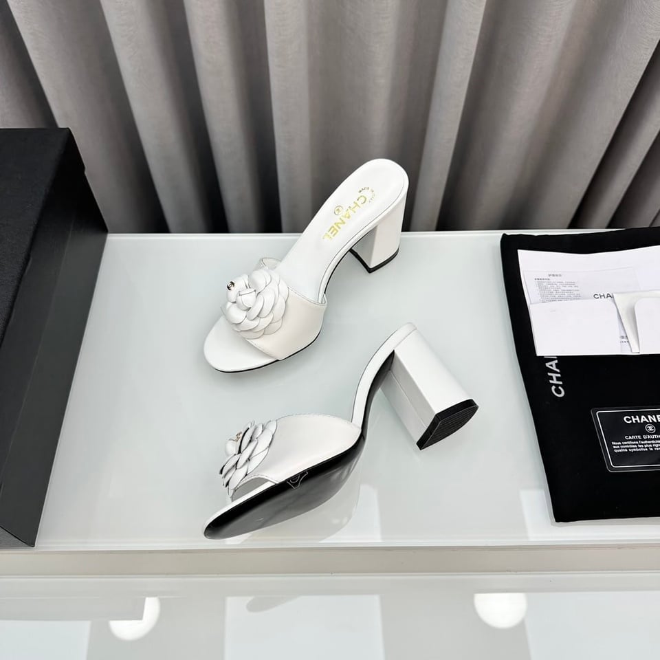 Chanel Camellia Medium Heel Slippers White view 6