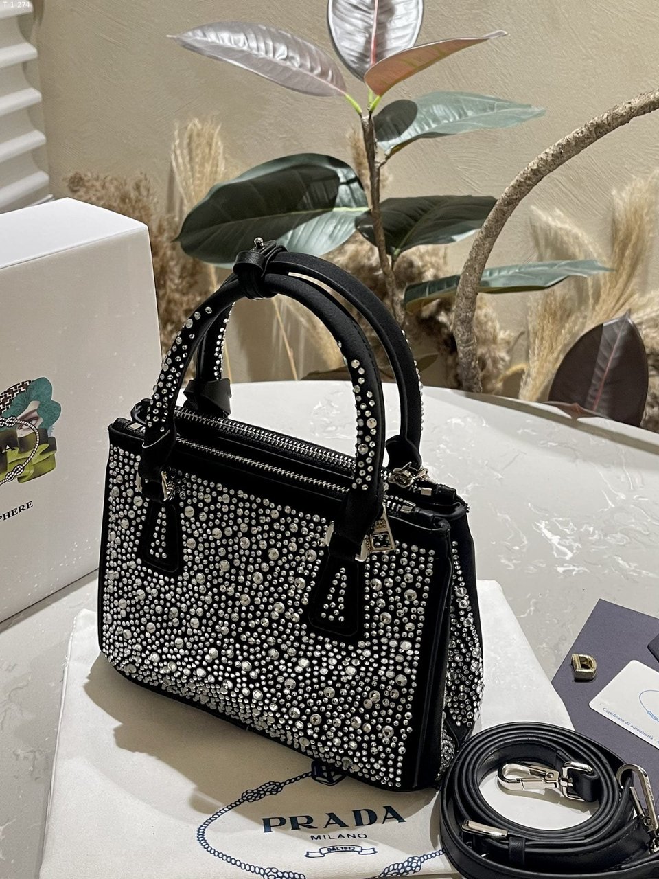 Prada Galleria Satin Mini Bag With Crystals Metal 23Cm view 6