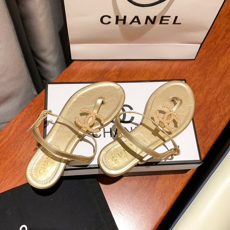 Chanel Gold Pearl Cc Logo Thong Sandals Golden view 6