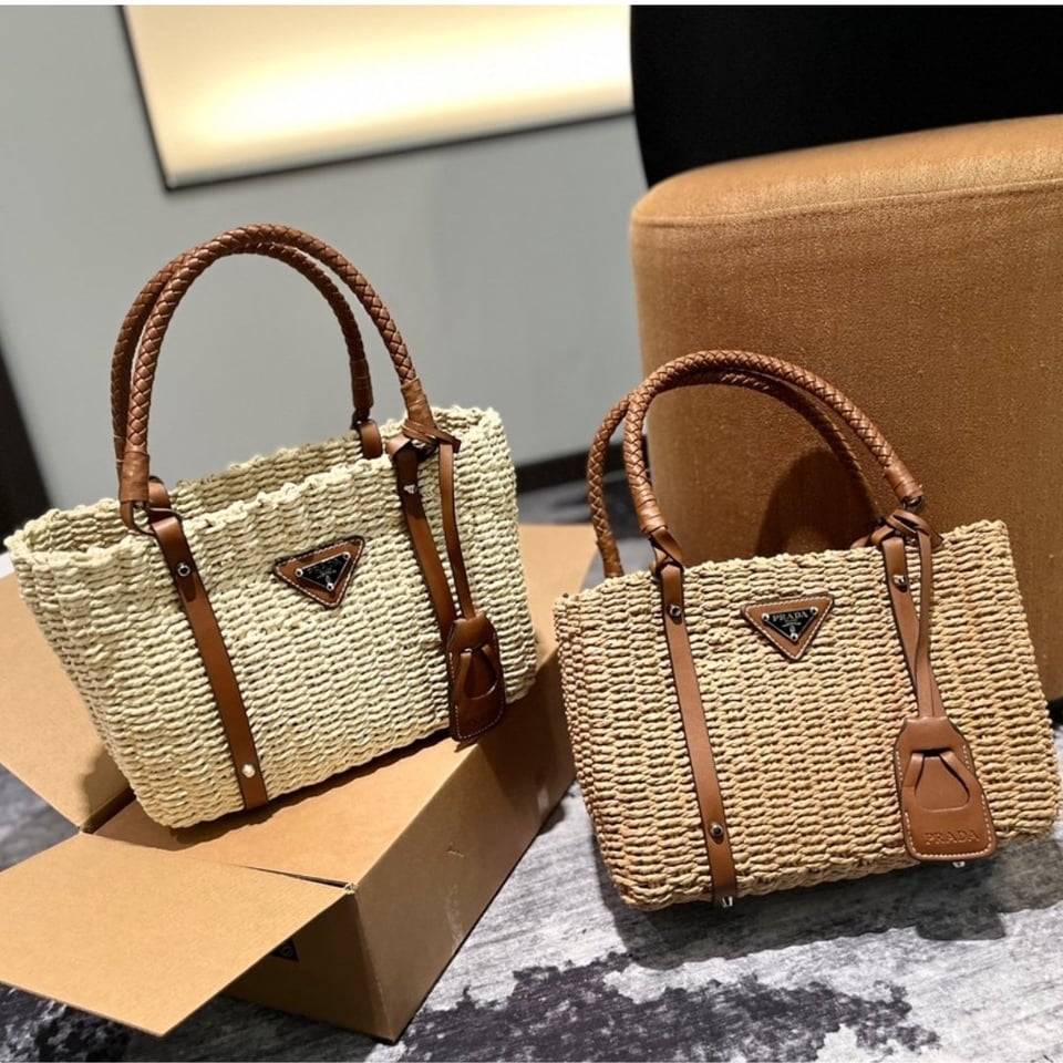 Prada Two Tone Woven Tote Bag In Multi Natural 28Cm view 4