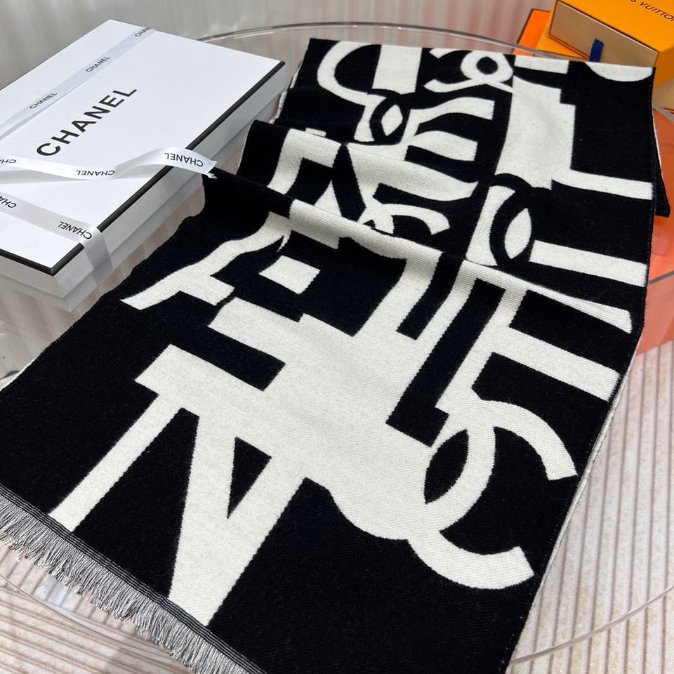 Chanel Cashmere Scarf Graphic Black For Women 190cm view 4