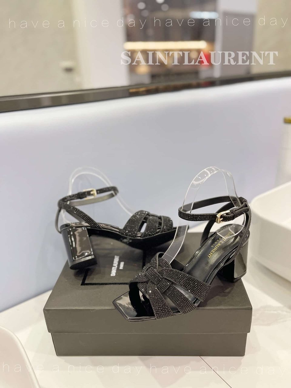 Saint Laurent Tribute Leather Sandals Metallic Black view 4