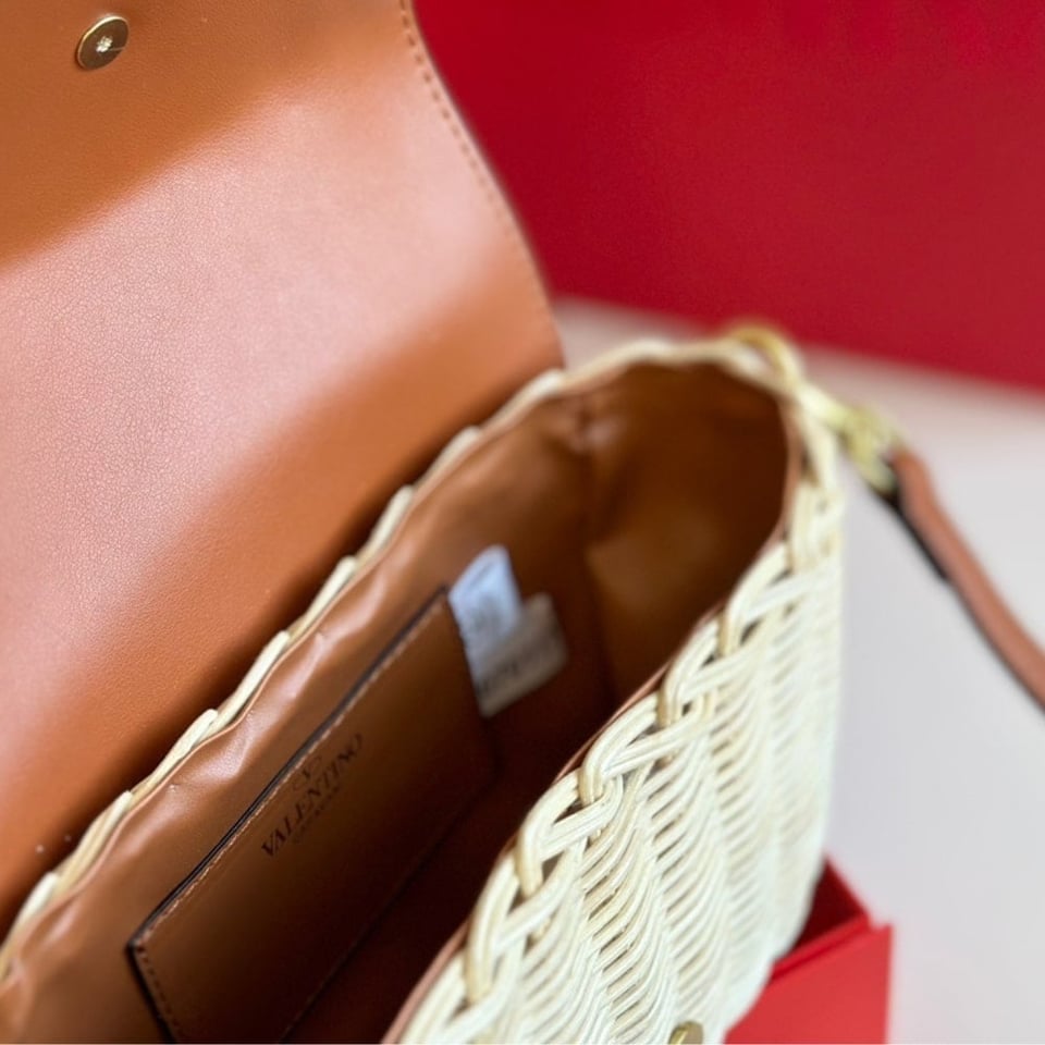 Valentino Loco Vlogo Flap Straw Shoulder Bag Brown 18Cm view 12