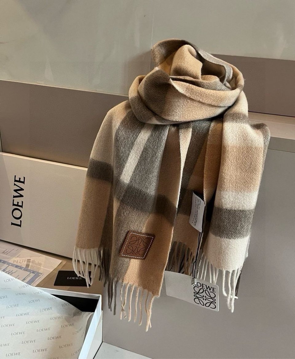 Loewe Cashmere Scarf Check Beige Brown For Women 180cm view 4