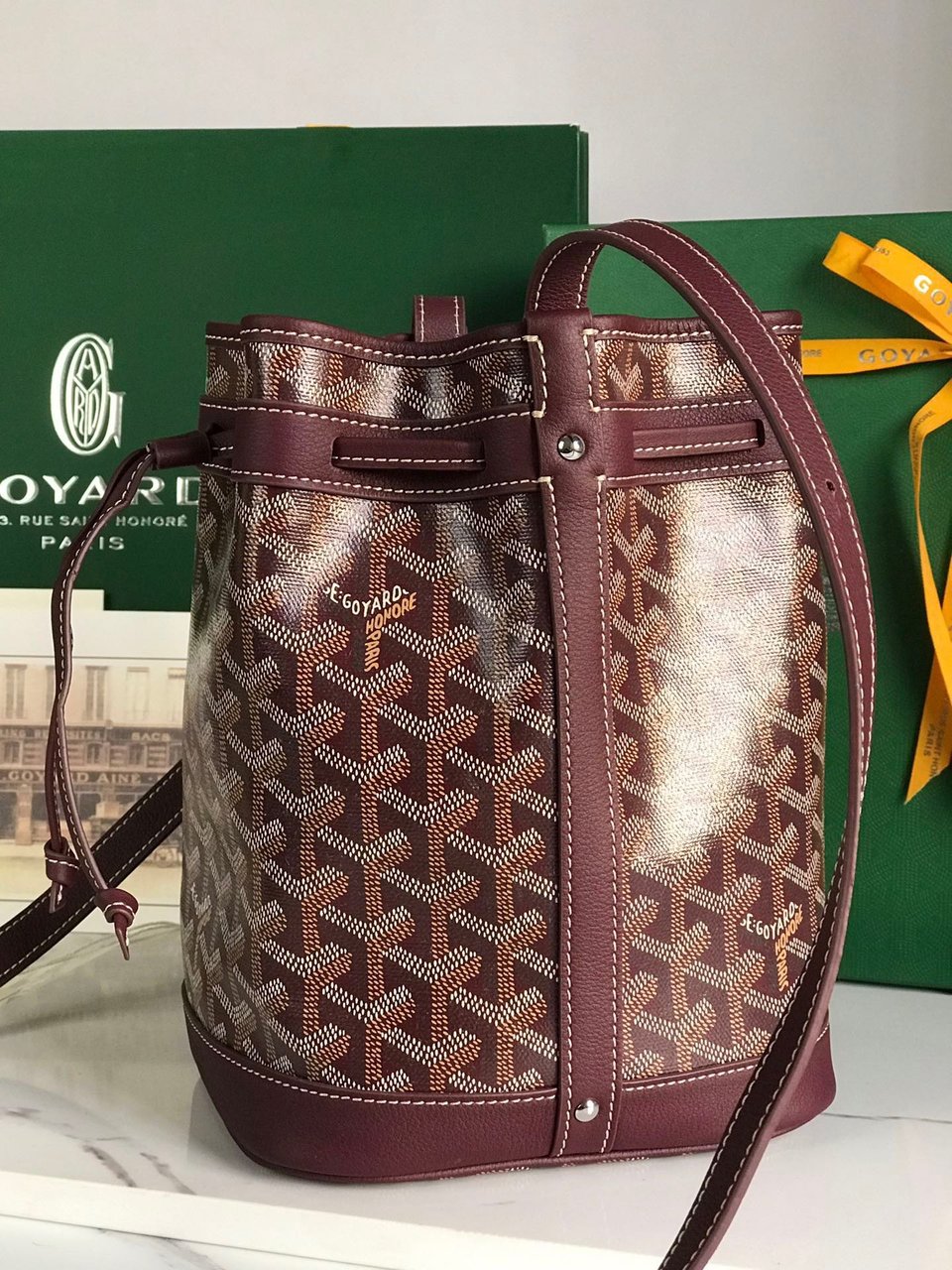 Goyard Petit Flot Bucket Bag 22 Cm Wine Red Goyardine Canvas And Lambskin Trim view 9