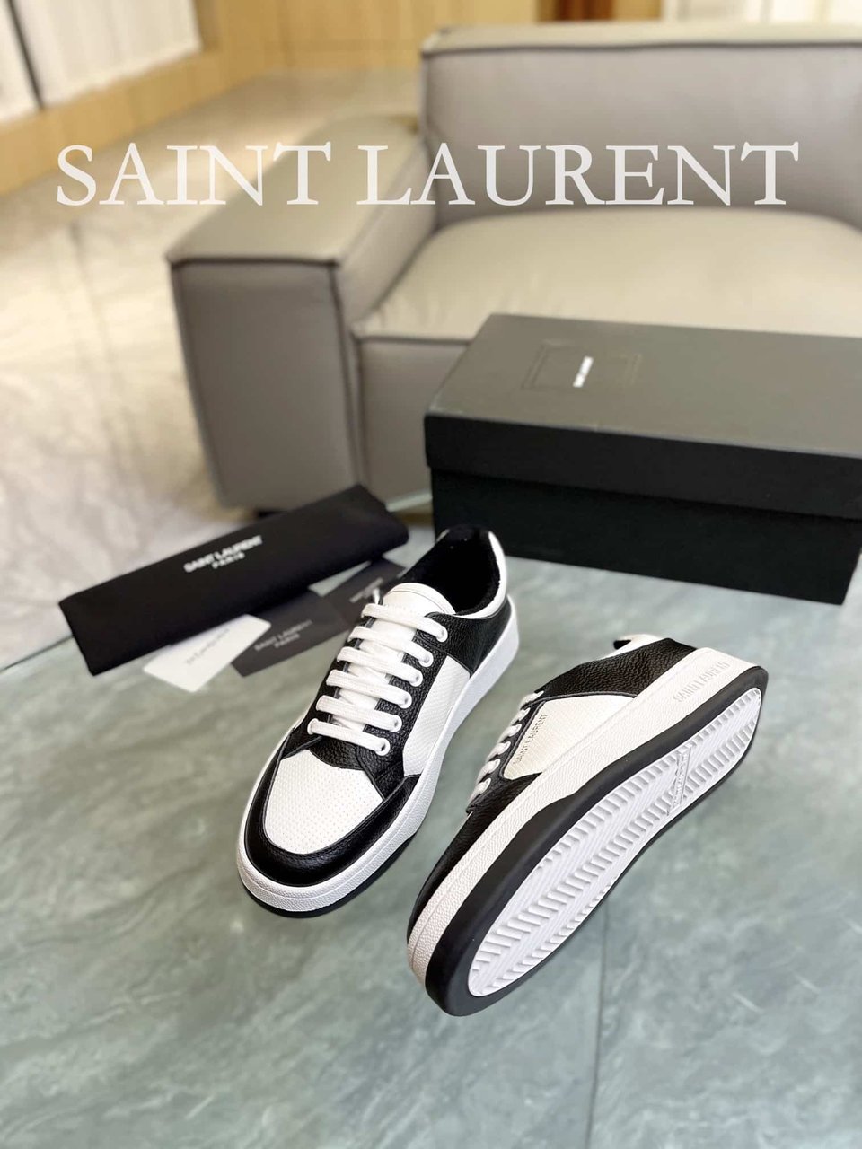 Saint Laurent Perforated Leather Sneakers Black And White view 7