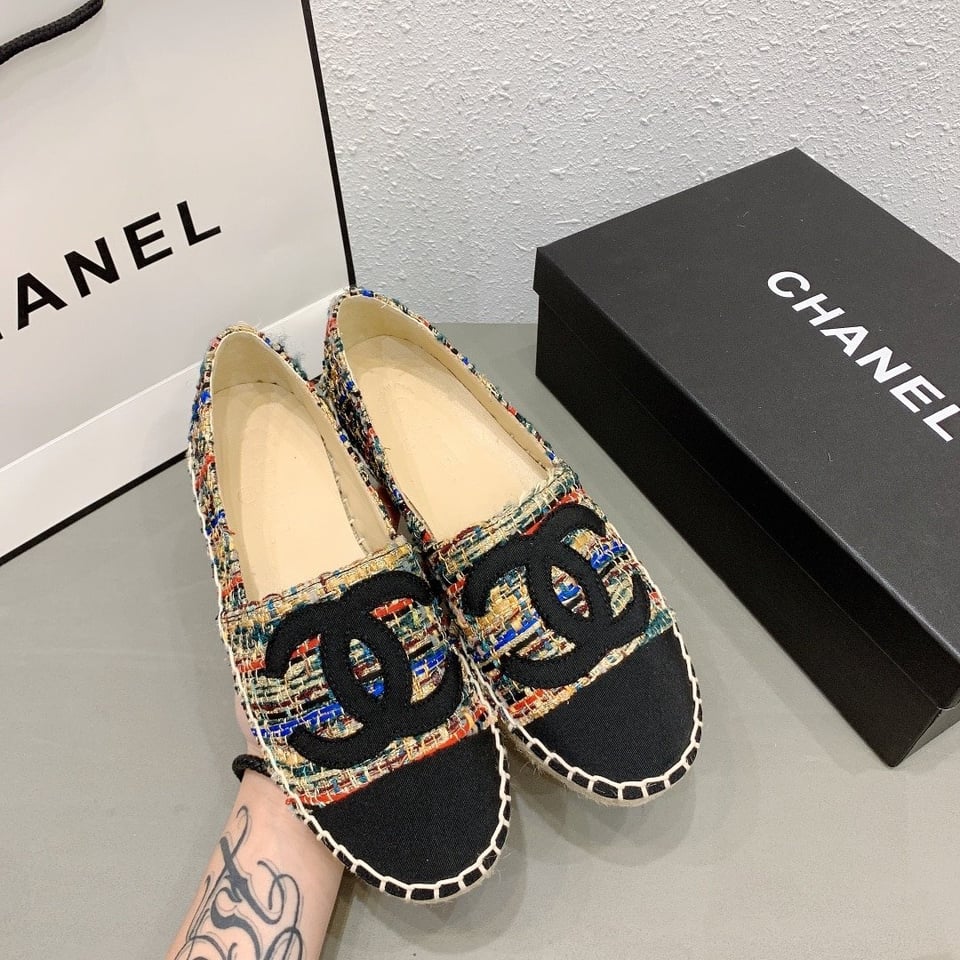 Chanel Tweed Grosgrain Cc Espadrilles Slip On Multicolor Black view 4