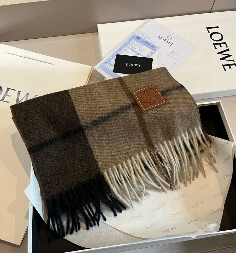 Loewe Cashmere Scarf Check Black Beige For Women 180cm view 6