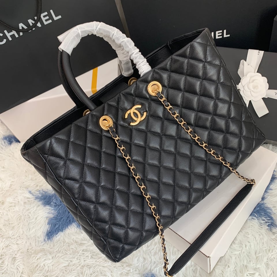 Chanel Shopping Bag 38Cm Black Quilted Caviar Leather Ghw