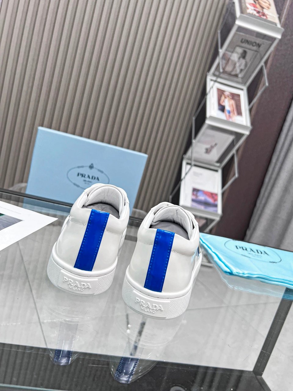 Prada Brushed Sneakers Leather White White Cobalt Blue view 5