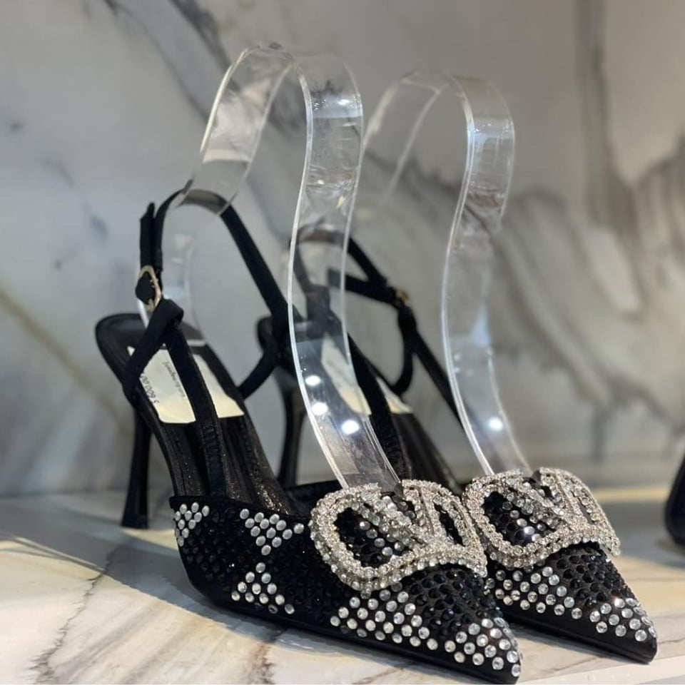 Valentino Vlogo Signature Back Strap Crystal High Heels Black view 6