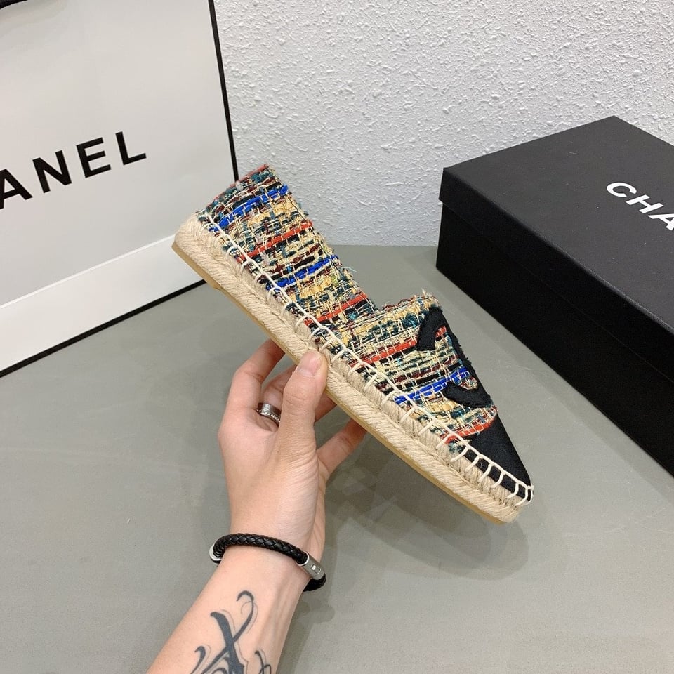Chanel Tweed Grosgrain Cc Espadrilles Slip On Multicolor Black view 9