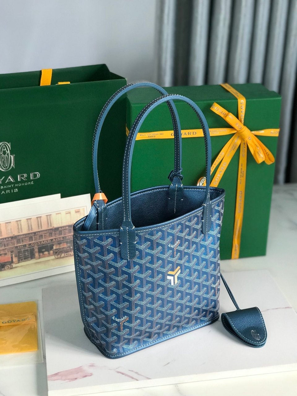 Goyard Anjou Mini Bag 20Cm Deep Blue Canvas Chevroches Calfskin view 4