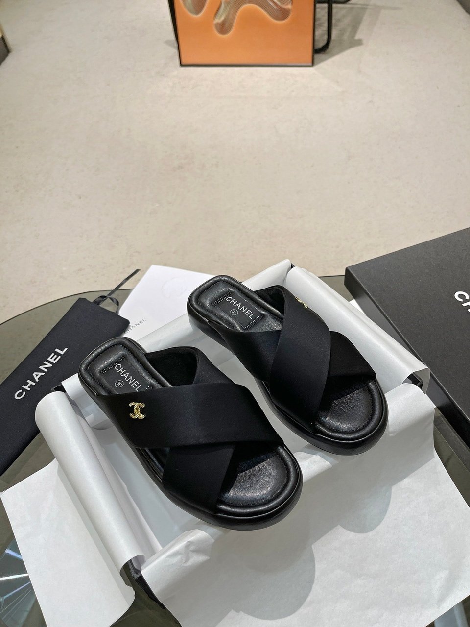 Chanel Cc Logo Criss Cross Slides Black view 6