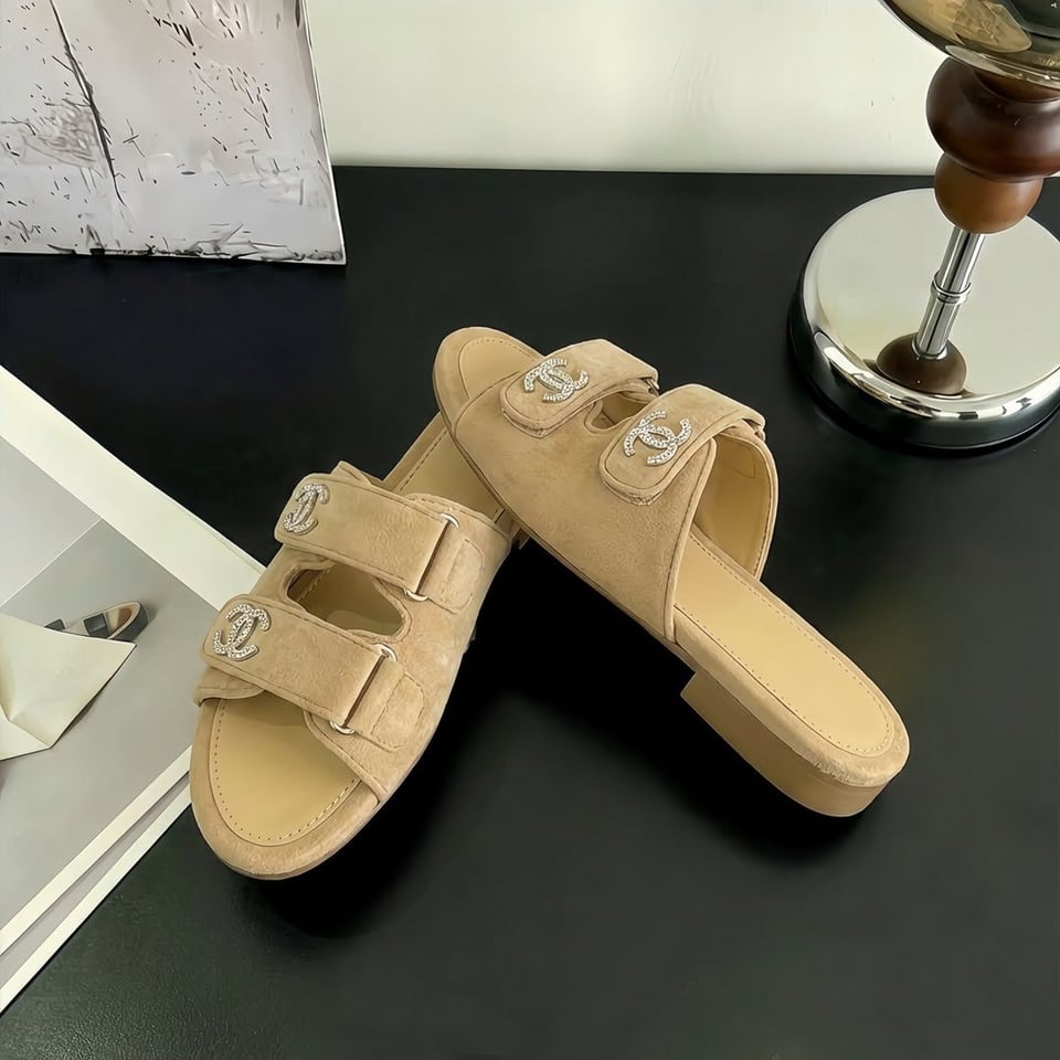 Chanel Suede Calfskin Crystal CC Double Strap Mules Beige Suede G38689 view 7