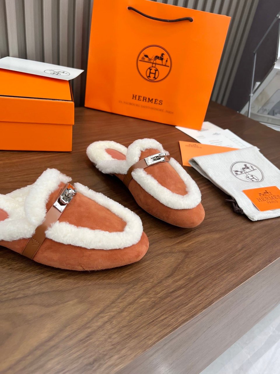 Hermes Oz Mule Shearling Brown White view 7