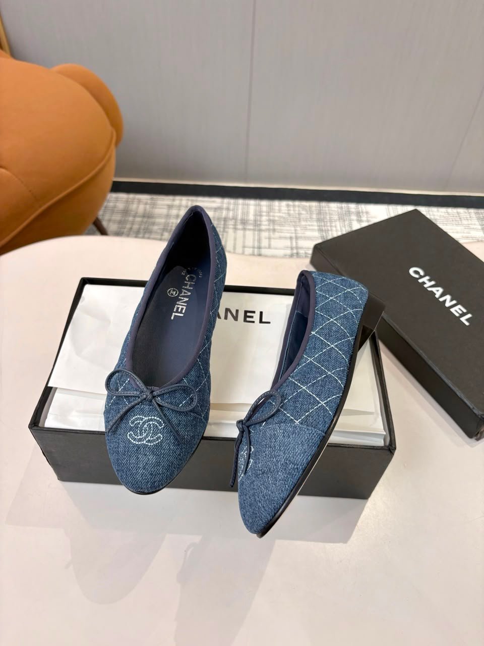 Chanel Quilted Denim Ballerina Flats Blue Denim G02819 view 5