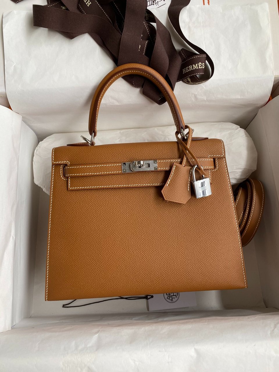 Hermes Kelly 25 Bag In Gold Brown Epsom Leather For Women 25cm/10in
