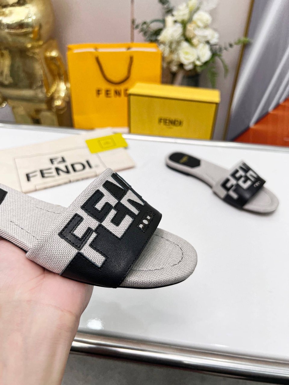 Fendi Signature Canvas Leather Slides Black 8R8337Ajzuf0Wzm view 5