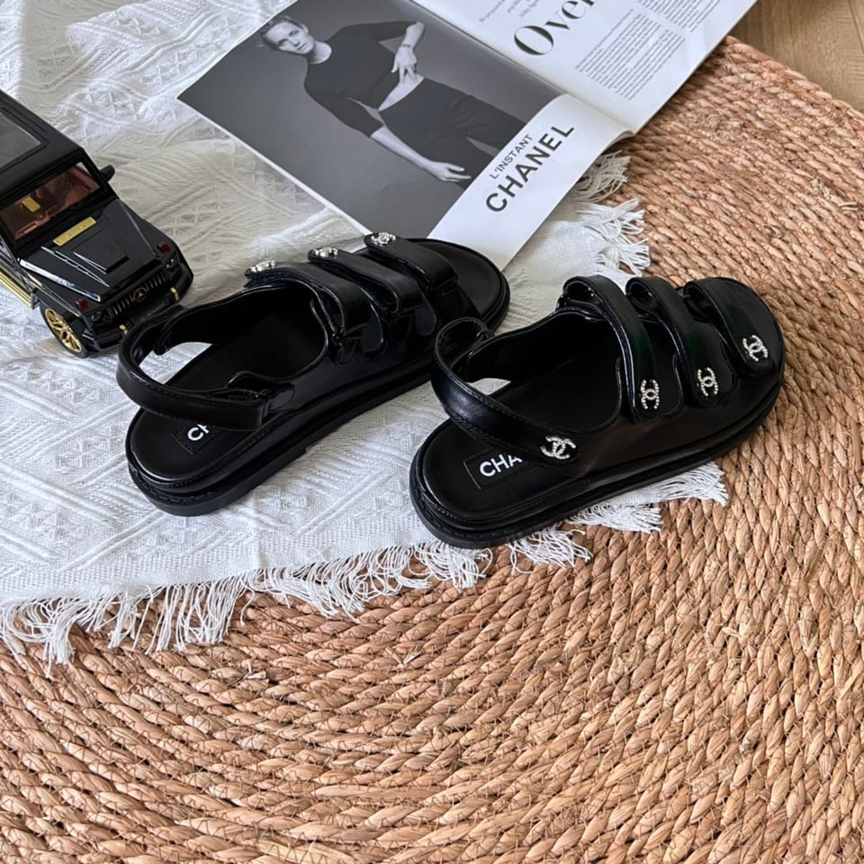 Chanel Triple Velcro Strap Sandals Black G45628 B16403 94305 view 3