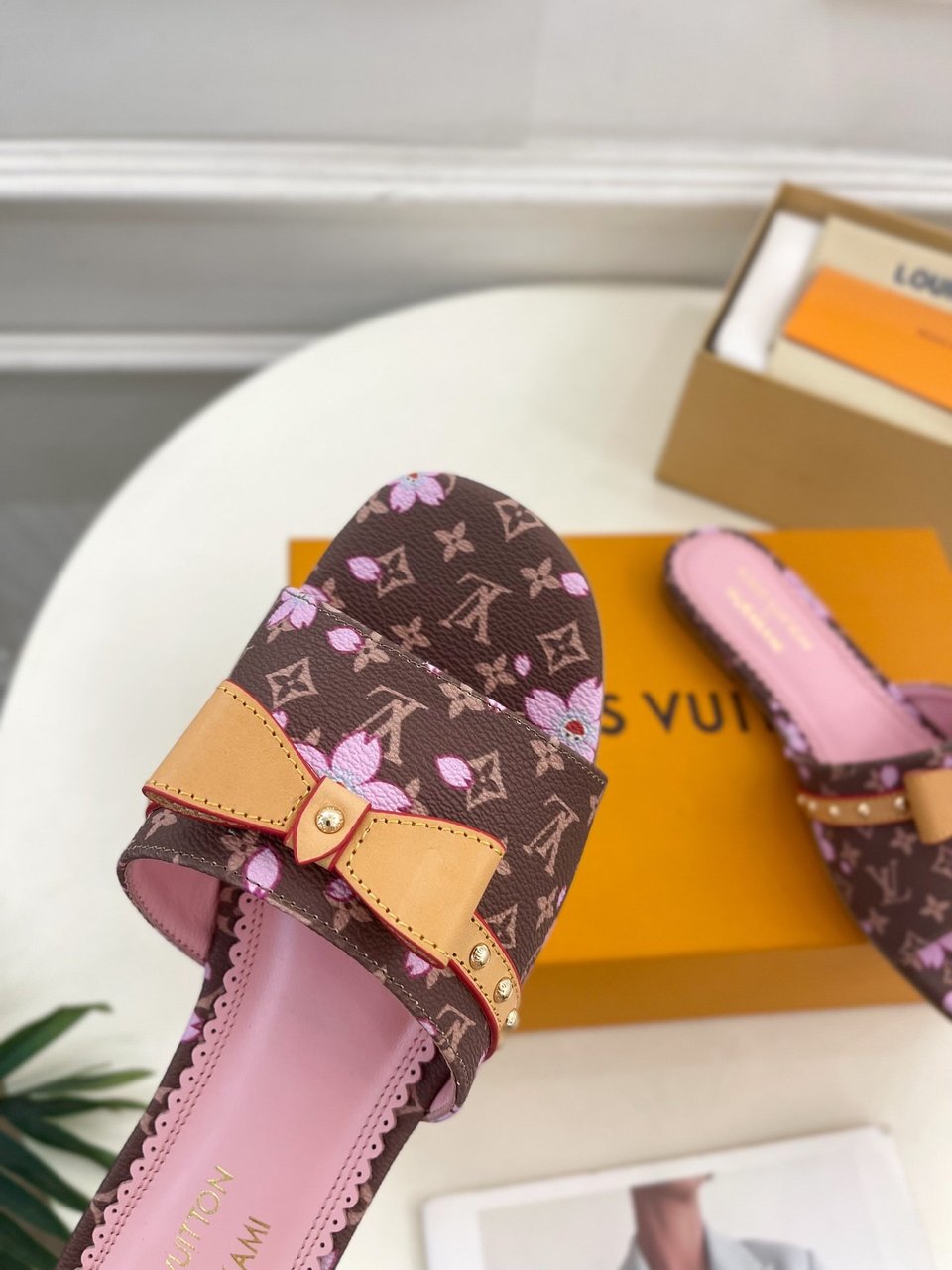 Louis Vuitton x Takashi Murakami Cherry Blossom Flat Slide Sandal Brown Monogram Canvas view 5