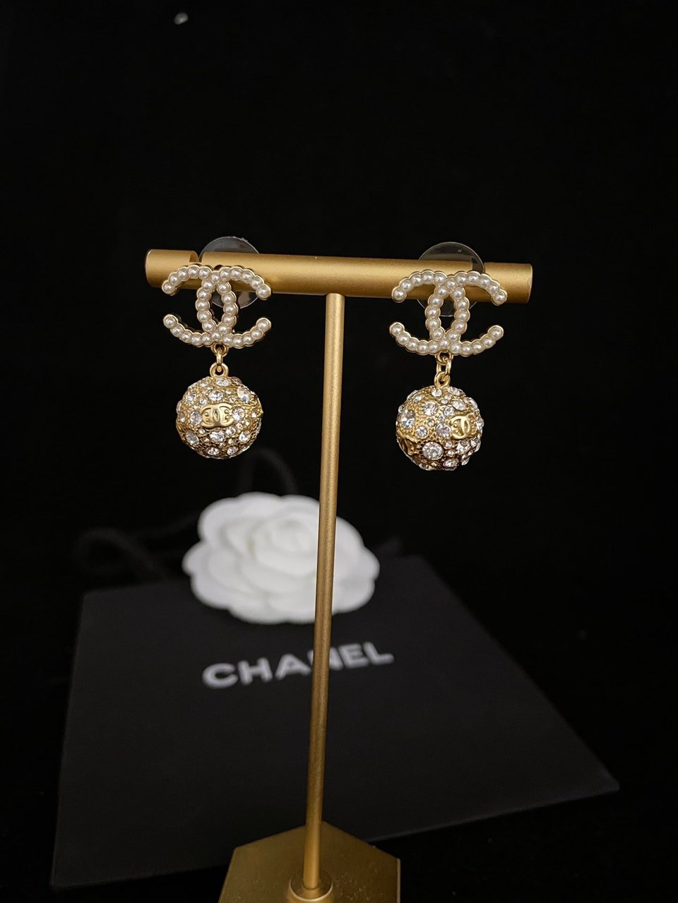 Chanel New Cc Gold Ball Crystal Pearl Drop Earrings view 3