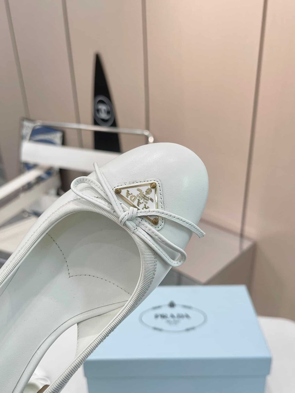 Prada Triangle Logo Bow Slingback Pump In White view 5