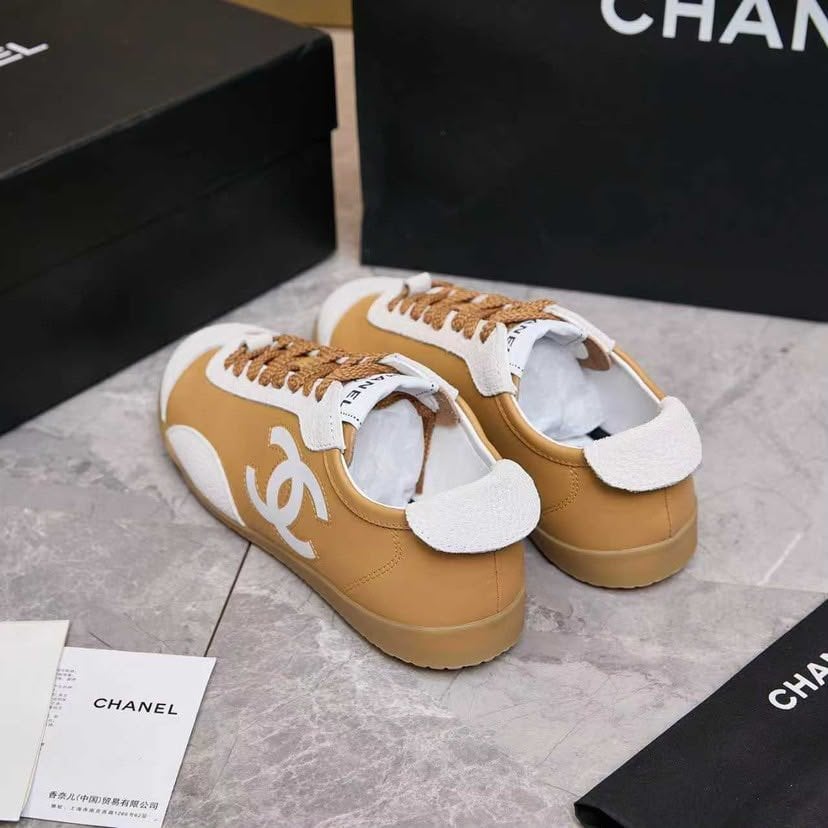 Chanel Calfskin Suede Sneakers with White CC Logo Beige Camel White &amp; Gum G39860 view 3