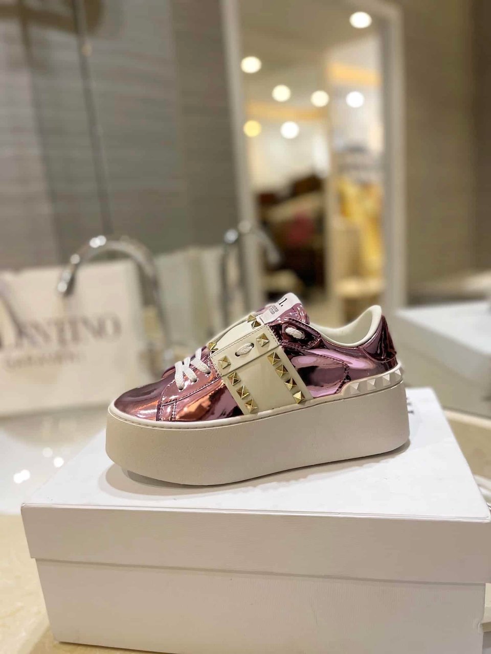 Valentino Garavani Flatform Rockstud Untitled Sneaker Metallic Pink view 8
