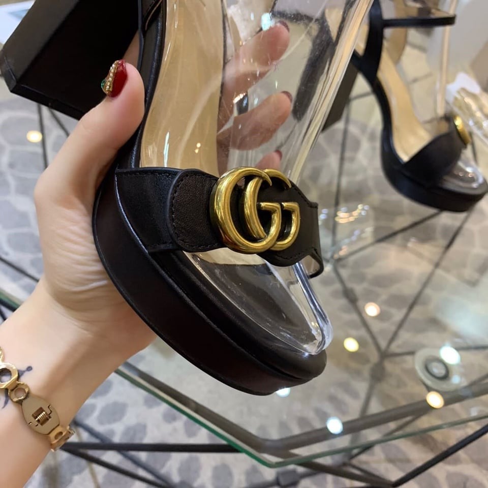 Gucci Gg Leather Heeled Sandal Black view 8