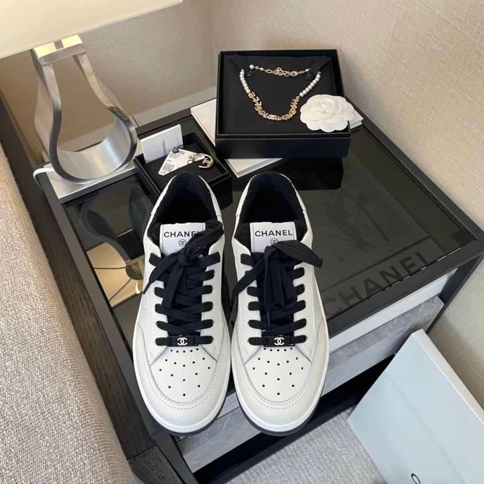 Chanel White/Black Leather Logo Sneakers view 3