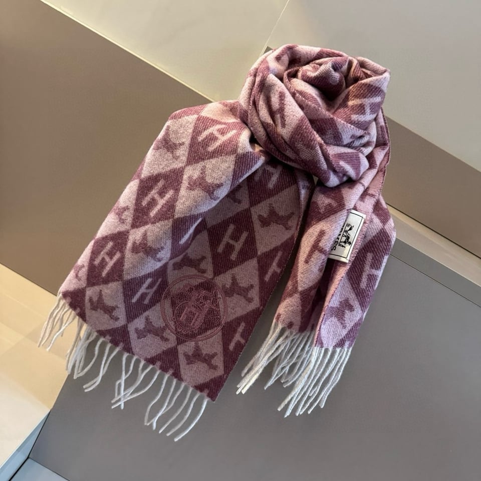 Hermes Diamond H Cashmere Scarf Burgundy For Women 180cm view 7