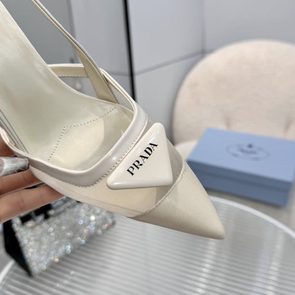 Prada Mesh Fabric Slingback Pumps White 1I891N 099 F0009 F 075 view 6