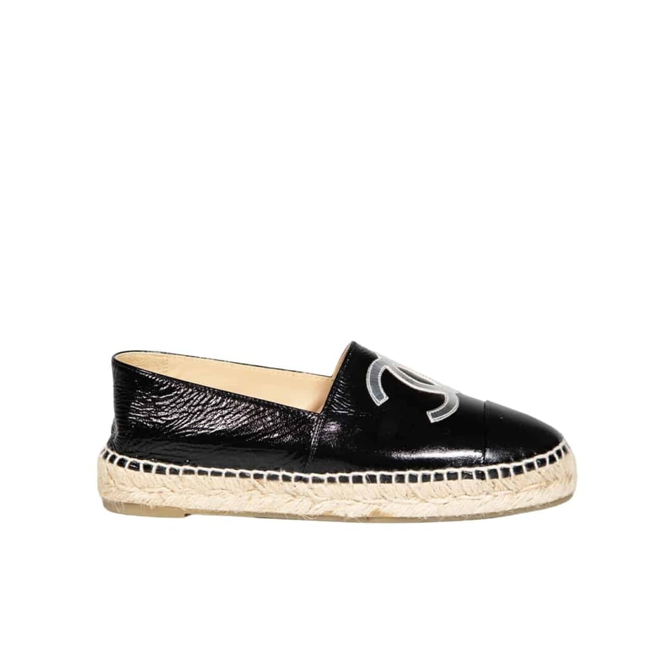 Chanel Embroidered Espadrille Leather Cap Toe Flats Black Cc view 2