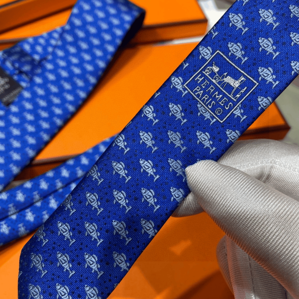 Hermes Navy Blue Fish Pattern Canvas Tie For Men view 5